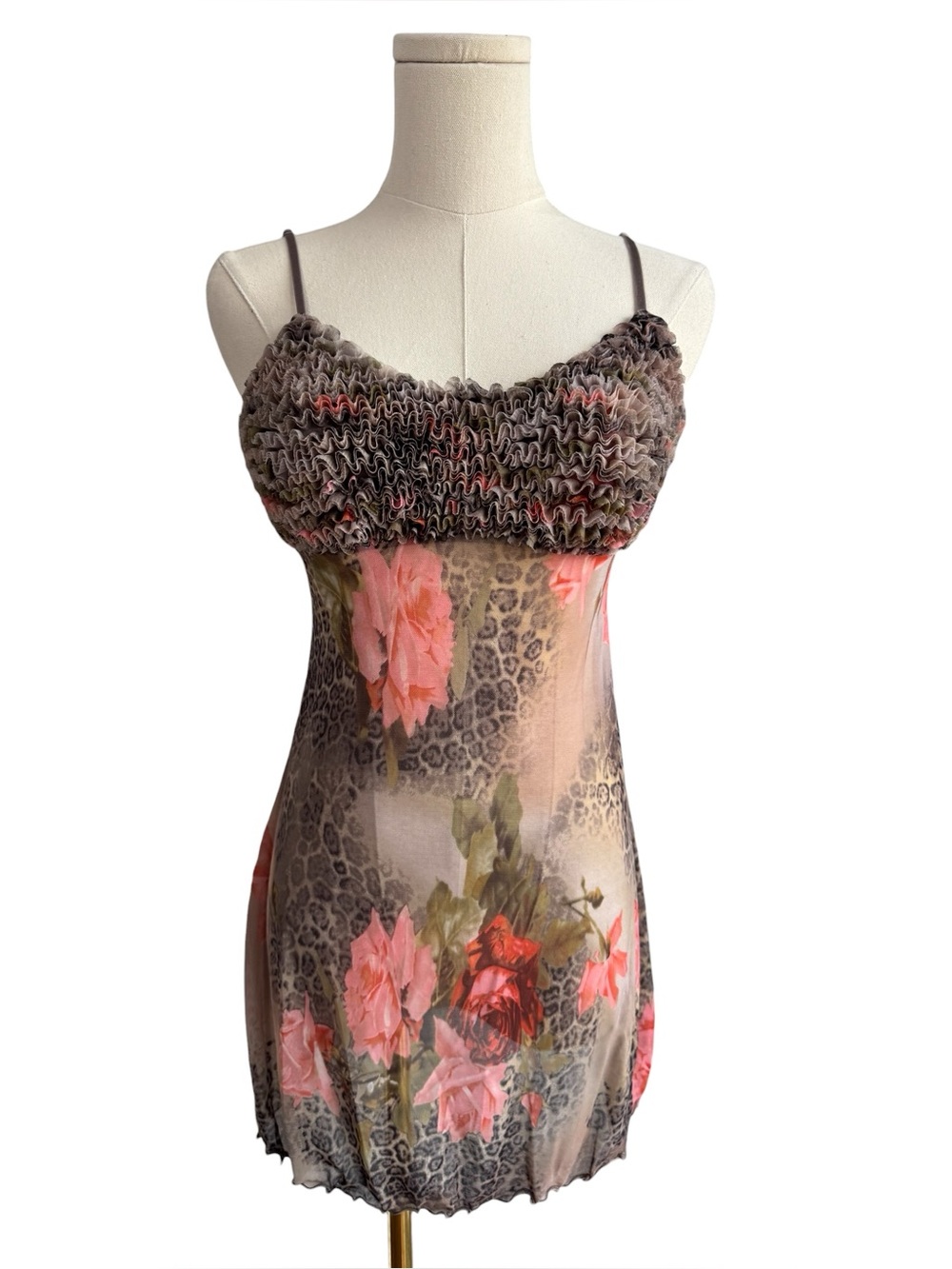 Y2K La Senza Mesh Leopard Floral Slip Dress Medium Lingerie Nightie Sheer Sexy